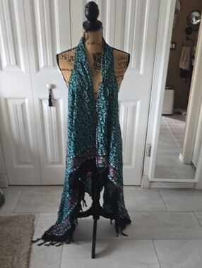 Teal Patterned Tassel Scarf Vest / Swimsuit Cover NWOT with Black Trim